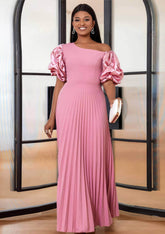 Asymmetrical Shoulder Puff Sleeve Pleated Hem Dress US 4-6 / PaleVioletRed