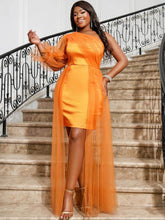 Asymmetrical Sleeves Shimmery Tulle Draped Dress