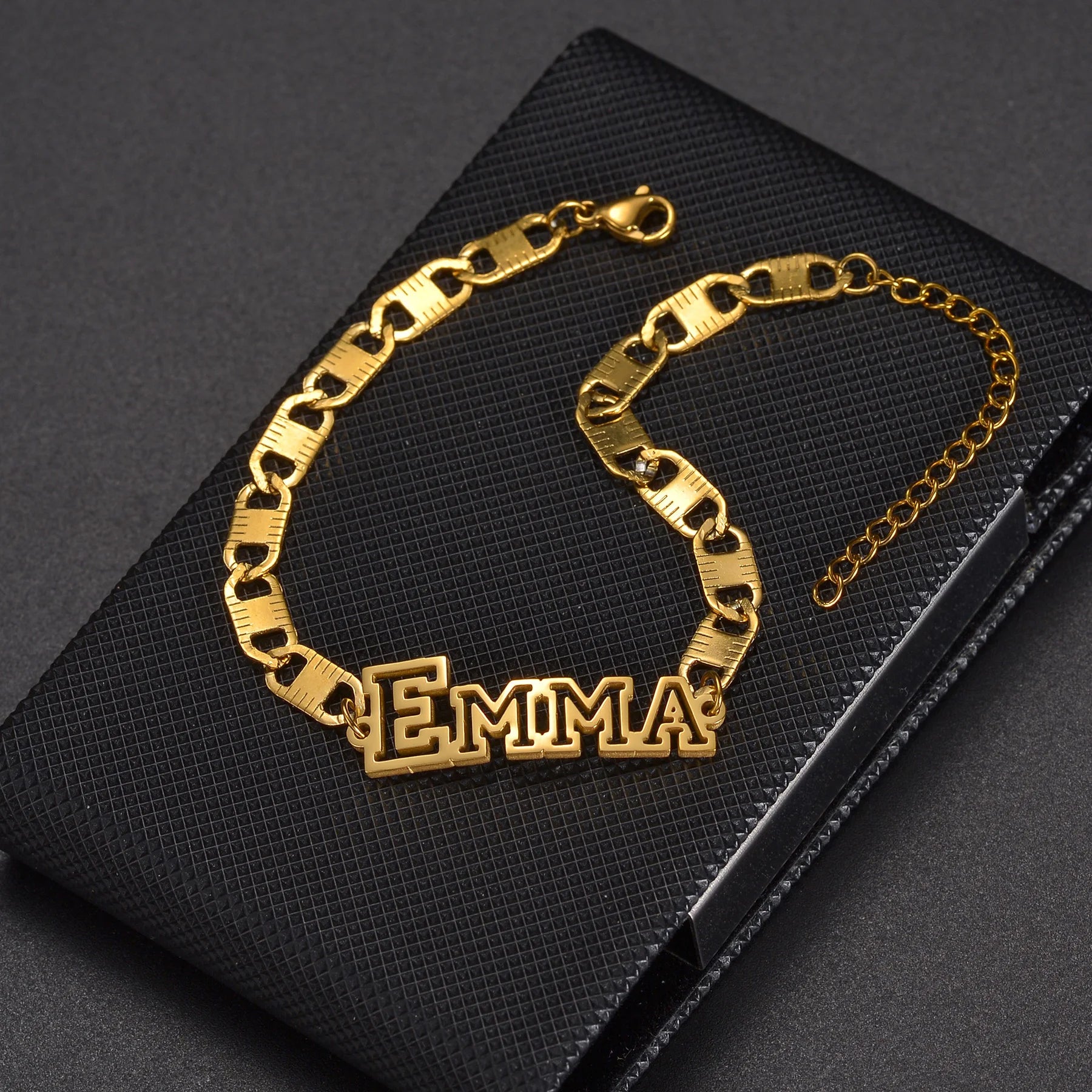 Atoztide Personalized Custom Name Bracelet - Stainless Steel with Color Oil Blue Eyes Letter, Handmade Link Chain Bangle Stud chain / 9cm / gold color