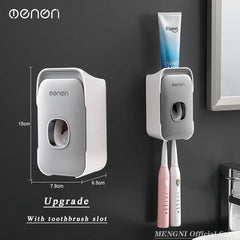 Automatic Toothpaste Dispenser with Wall-Mounted Toothbrush Holder Set Gray