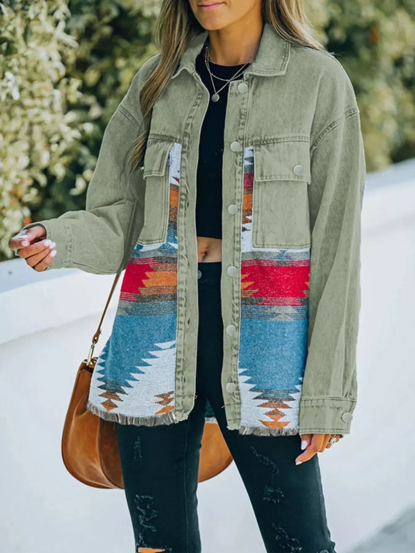 Aztec Print Button Up Jacket Sage / S