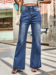 Women's high-rise bootcut jeans with buttons and pockets in a rayon-polyester blend.