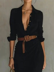 Close front view of a black shirt maxi dress showing the collar buttons and brown belt