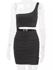 Black one shoulder cutout ruched bodycon mini dress on a clear mannequin front view