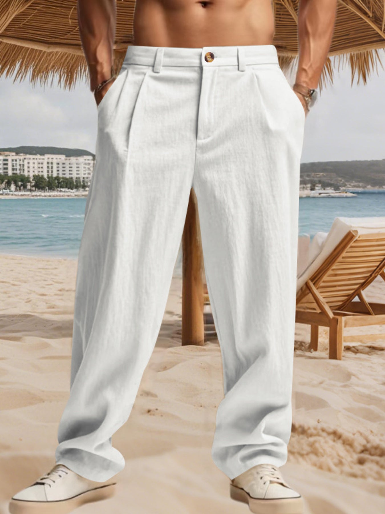Men's white pleated pants with pockets and a relaxed fit.