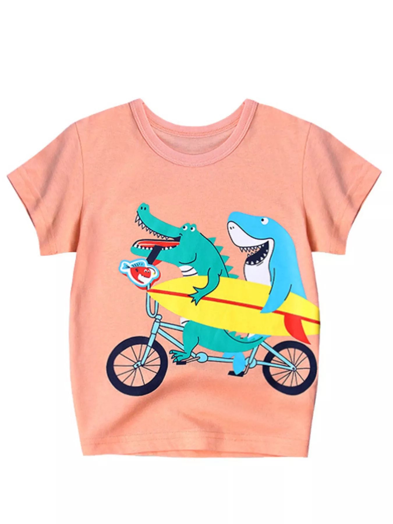Pink children's short sleeve T-shirt laid flat with a crocodile and shark riding a tandem bicycle