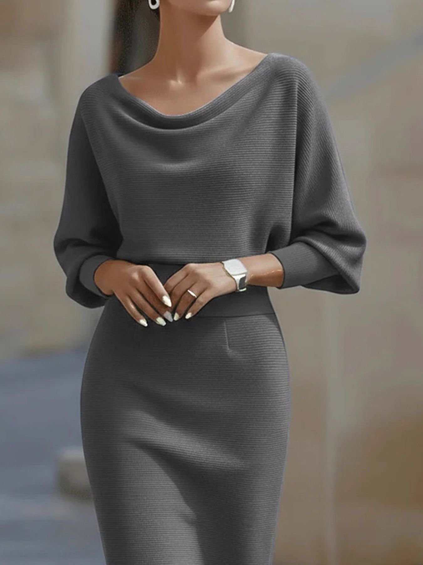 Close front view of a gray cowl neck knit bodycon dress showing the ribbed texture