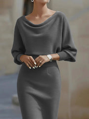Close front view of a gray cowl neck knit bodycon dress showing the ribbed texture