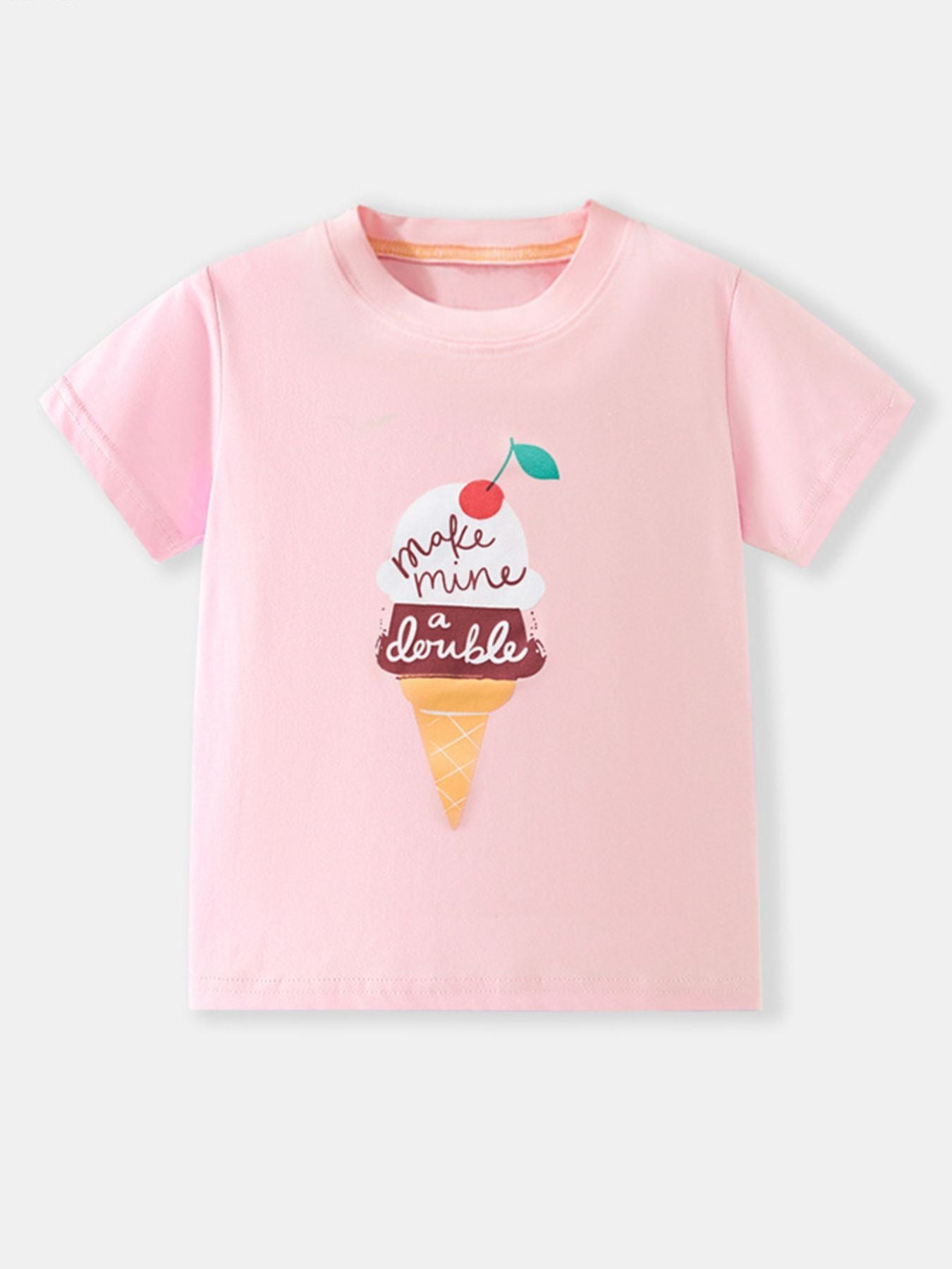 Front flat view of the blush pink children's t-shirt with an ice cream cone graphic