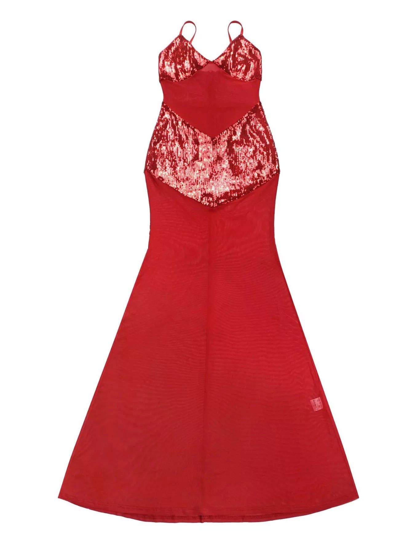 Red sequin V neck maxi dress laid flat, front view showing sheer mesh panels