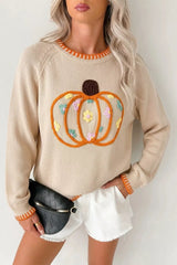 Front view of a beige long sleeve sweater with an orange pumpkin outline and pastel floral embroidery