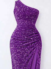 Purple sequin one shoulder evening dress close view showing the ruched waist and high slit