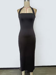 Black halter neck bodycon midi dress displayed on mannequin front view
