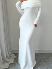 Side view of white off shoulder bodycon maxi dress showing the long skirt
