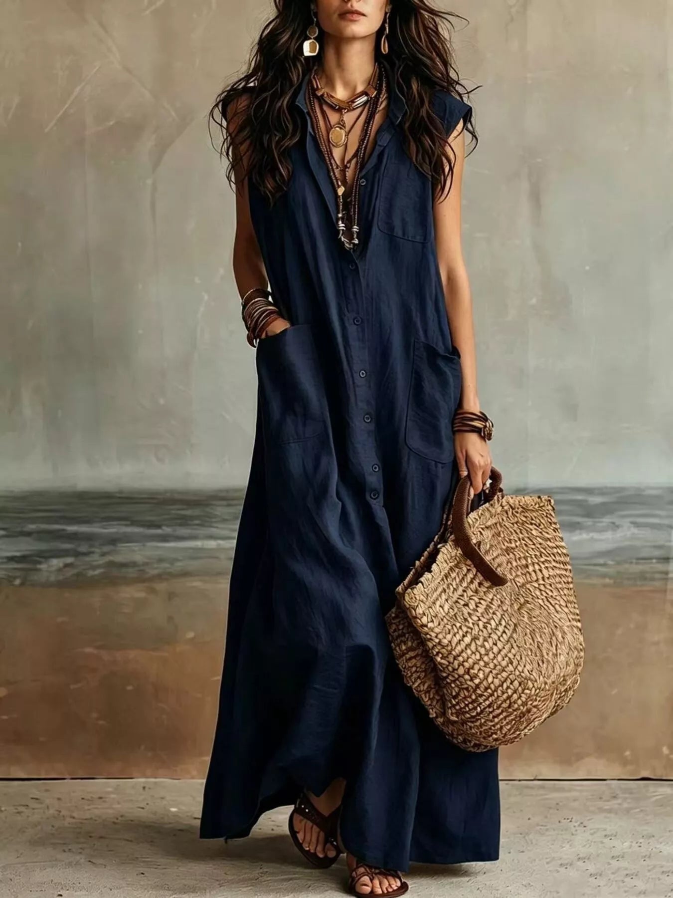 Navy sleeveless button down linen maxi dress in full front view with woven tote bag