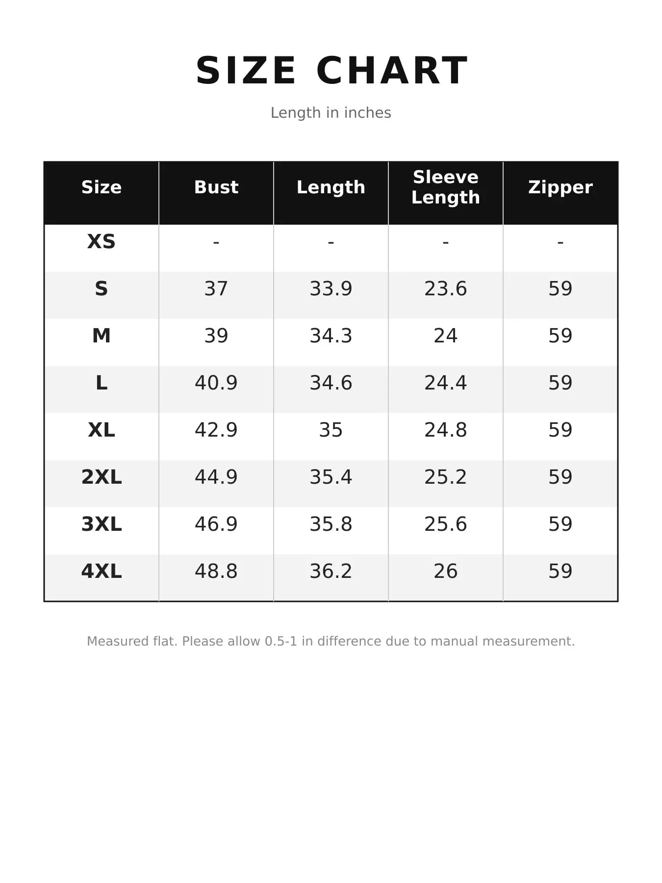 Size chart table showing bust length sleeve length and zipper measurements in inches