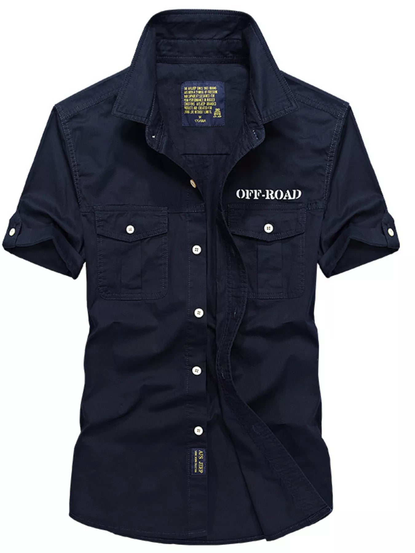 Men's short-sleeve button-up shirt with pockets, decorative buttons and seam detailing.