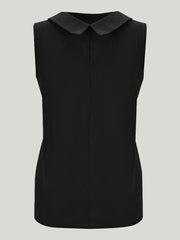 Black sleeveless top with a rounded Peter Pan collar and fitted silhouette, front view