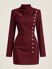 Ghost mannequin front view of burgundy mock neck mini dress with gold decorative buttons and long sleeves