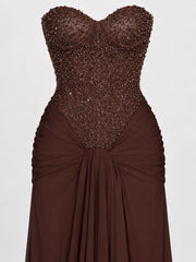Dark Brown strapless sequin corset bodice and knotted draped waist, close detail view