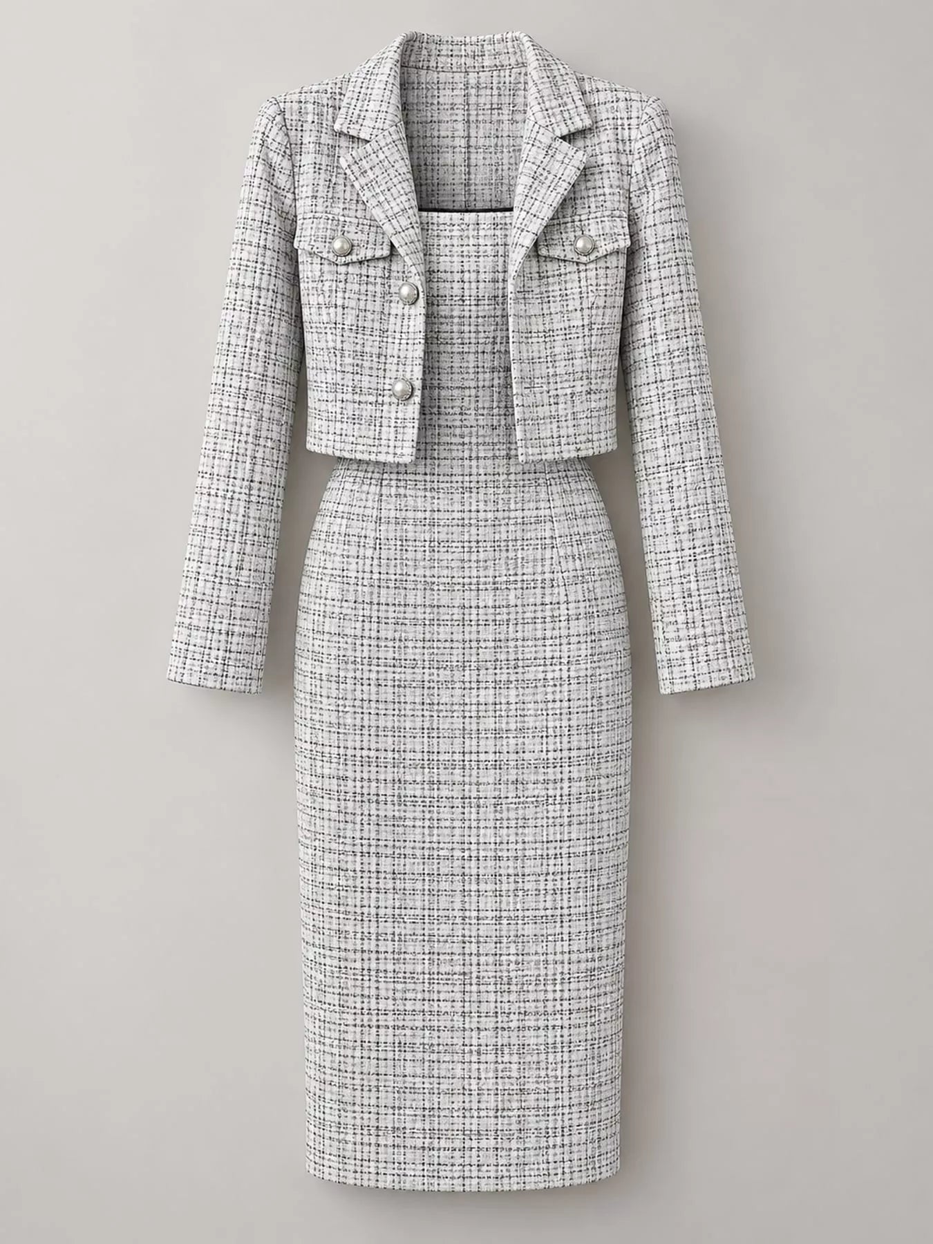 Black and white tweed square neck dress and cropped cardigan shown flat from the front