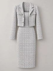 Black and white tweed square neck dress and cropped cardigan shown flat from the front