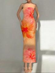 Tangerine tropical flower print bodycon tube dress with large hibiscus flowers, full front view