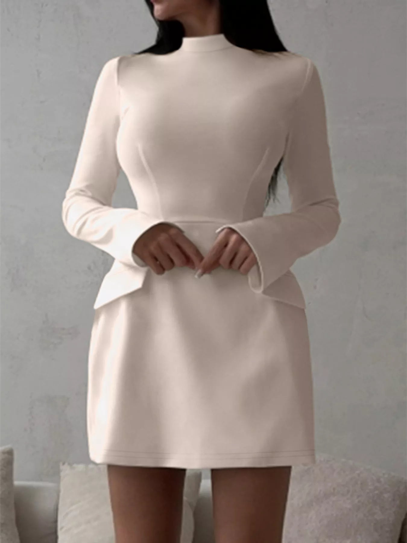 Dust Storm mock neck long sleeve bodycon dress worn on model, front view, hands clasped