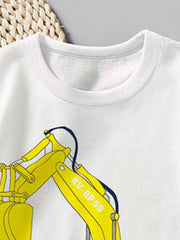 Close-up detail of the white round neckline and yellow excavator arm on children's tee