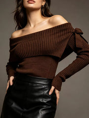 Brown off shoulder ribbed knit top with bow tie detail and long sleeves, front view