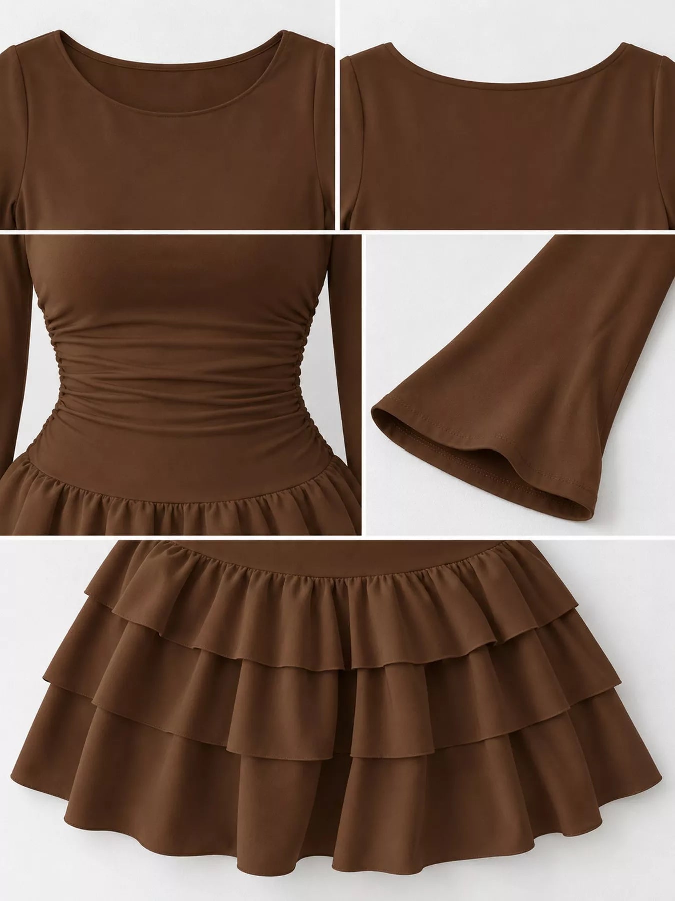 Coffee long sleeve mini dress detail collage showing neckline ruched waist flared sleeve and tiered ruffles