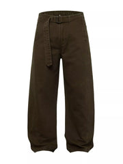 Men's dark brown wide-leg cargo pants with a belt.