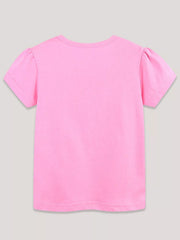 Back view of plain pink children's short sleeve t-shirt laid flat with no print