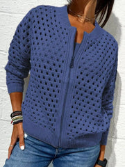 Front view of a blue openwork crochet cardigan with a front zip