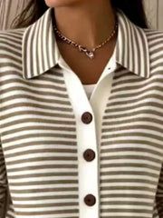 Close-up on-model view of khaki and white striped collared cardigan with brown buttons