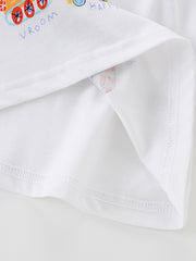 Detail view of the folded white hem and inner stitching on a children's construction vehicle crew neck t-shirt