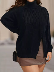 Black ribbed turtleneck sweater with side slit worn on model