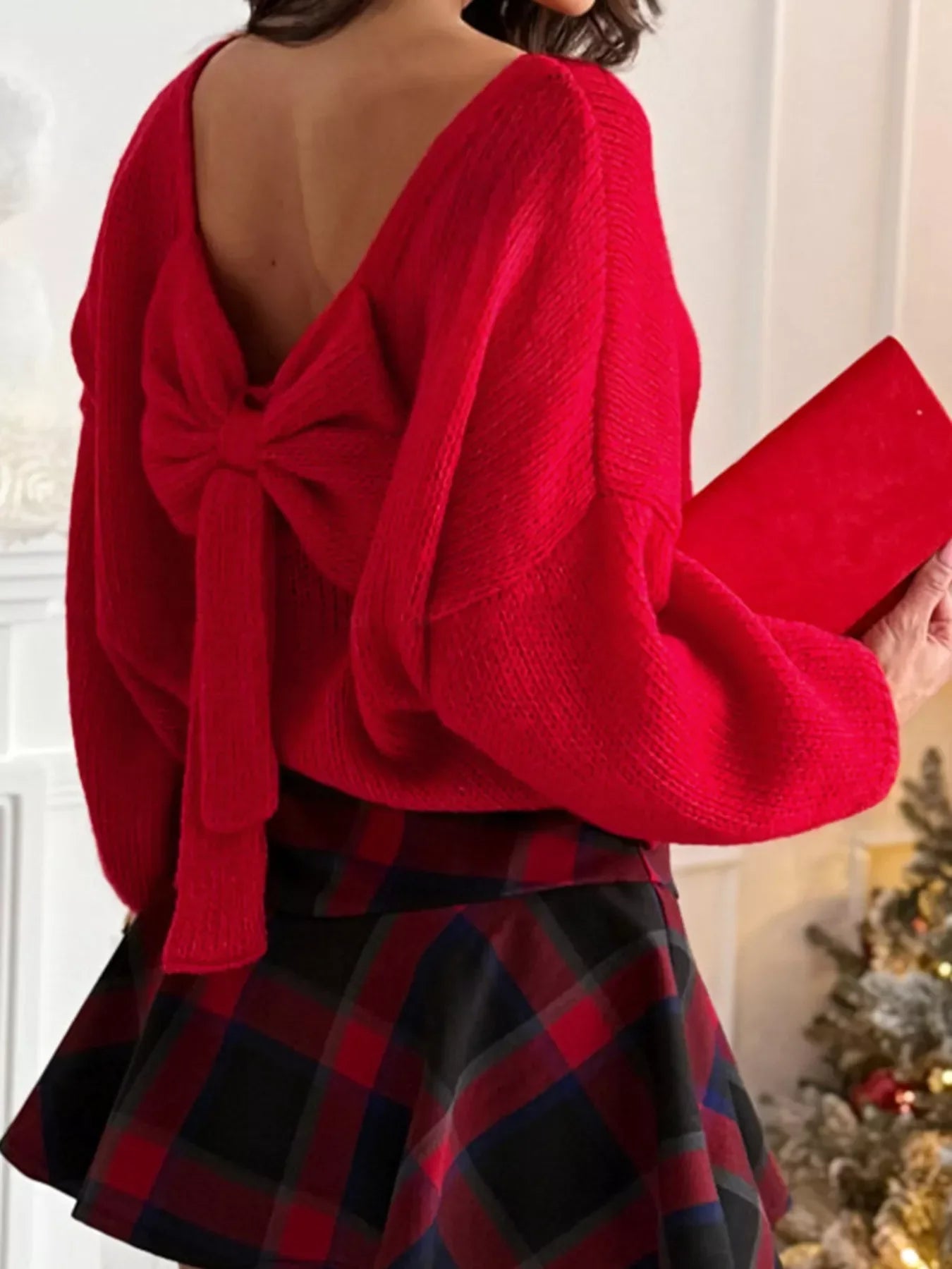 Back Bowknot Long Sleeve Sweater Deep Red / S