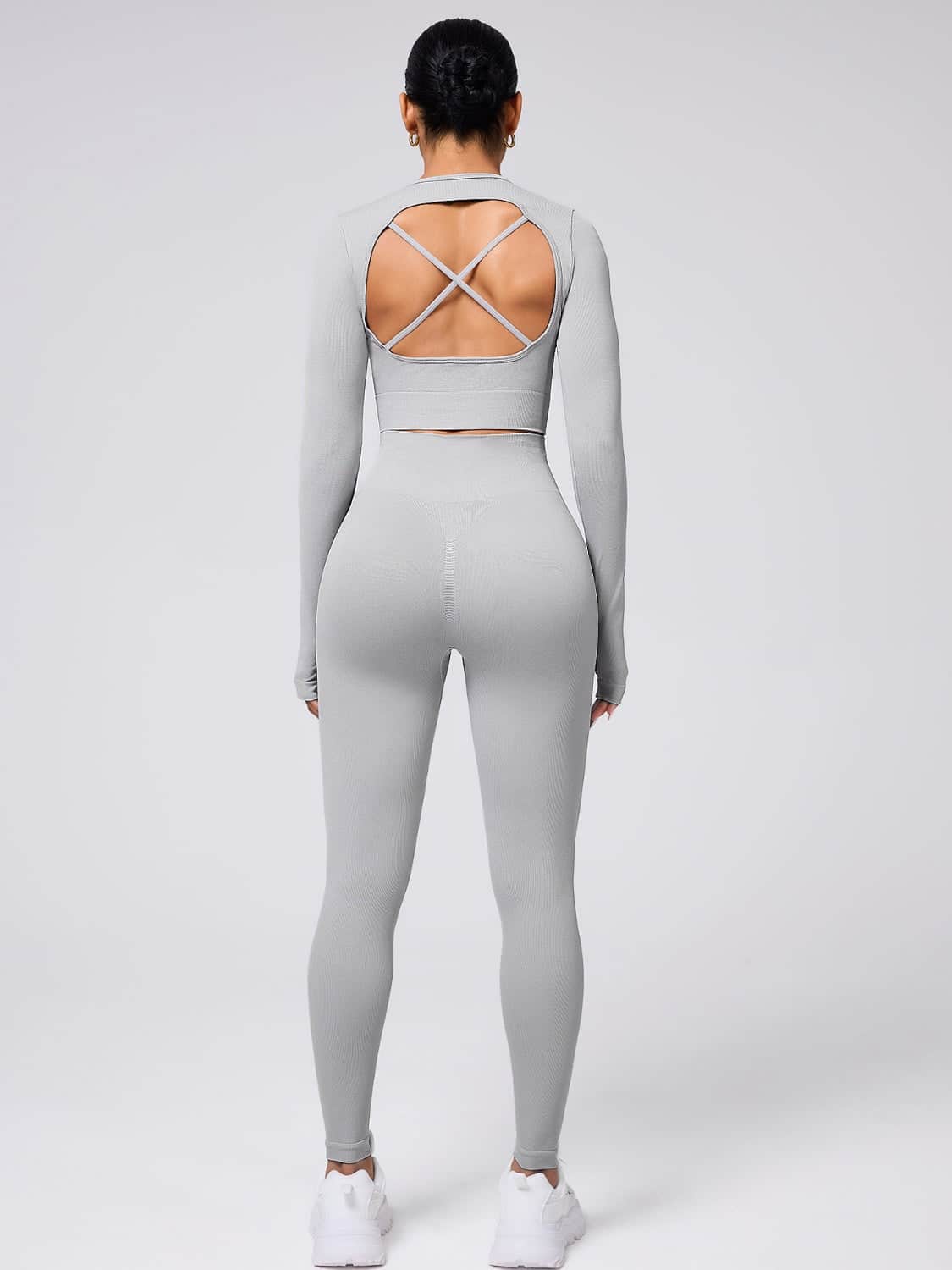 Back Crisscross Round Neck Long Sleeve Top and Leggings Active Set