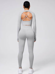 Back Crisscross Round Neck Long Sleeve Top and Leggings Active Set