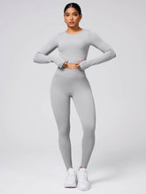 Back Crisscross Round Neck Long Sleeve Top and Leggings Active Set Light Gray / S