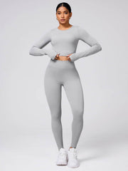 Back Crisscross Round Neck Long Sleeve Top and Leggings Active Set Light Gray / S