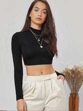 Backless Long Sleeve Cropped Mock Neck T-Shirt Black / S