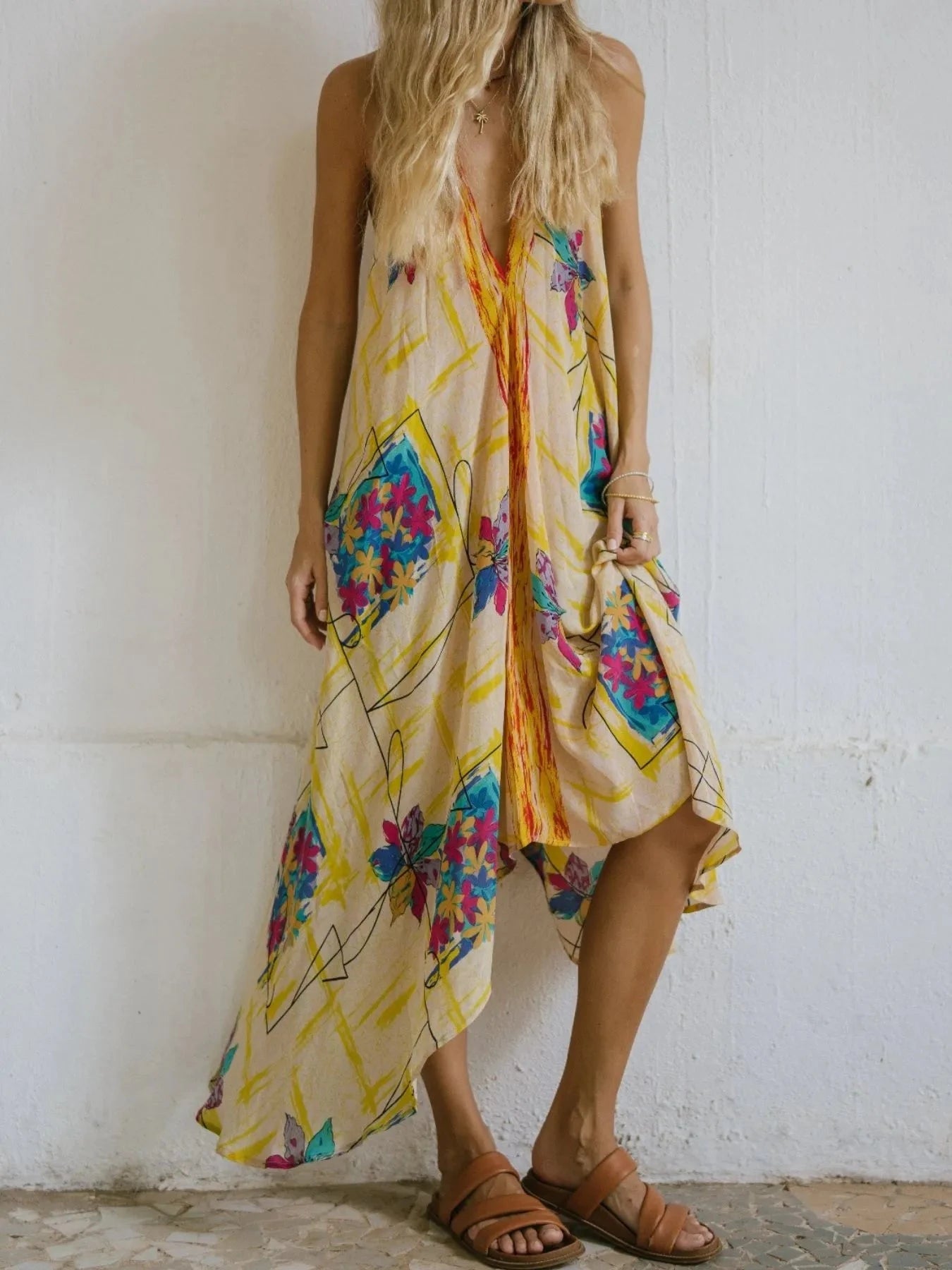 Backless Printed Halter Neck Maxi Dress