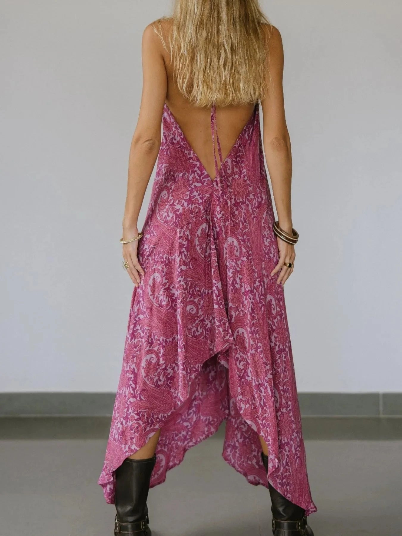 Backless Printed Halter Neck Maxi Dress