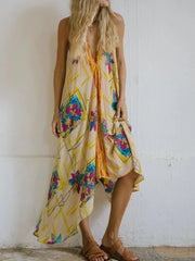 Backless Printed Halter Neck Maxi Dress Pastel Yellow / S