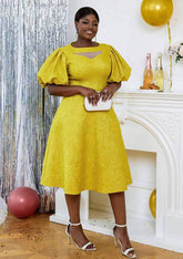 Balloon Sleeves Cut Out Embroidered A-Line Dress