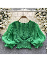 Balloon Sleeves Ruffled Chiffon Blouse MAX SIZE / MediumSpringGreen