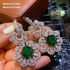 Baroque Luxury Emerald Crystal Inlaid Silver Earrings Green