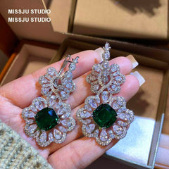 Baroque Luxury Emerald Crystal Inlaid Silver Earrings Green